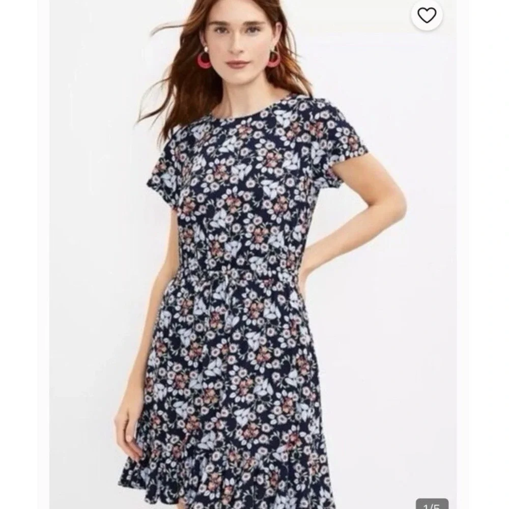Loft‎ Navy Blue Floral Ruffle Hem Mini Dress Short Sleeve Drawstring Waist Small